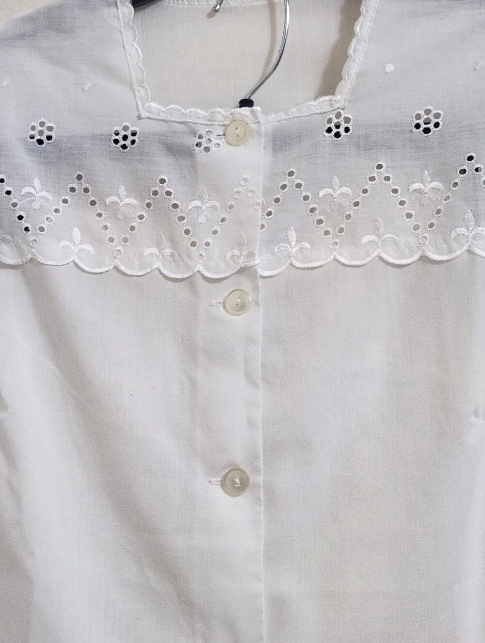 VTG 70s White Cotton Pajama Set M Embroidered Lace Eyelet Prairie Cottagecore